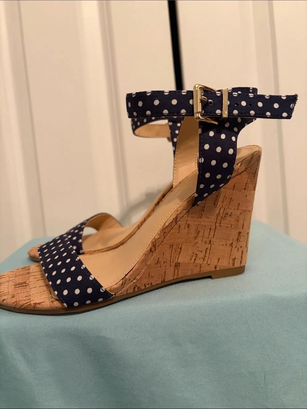 Lulu's Navy Polka Dot Cork Wedge Sandals